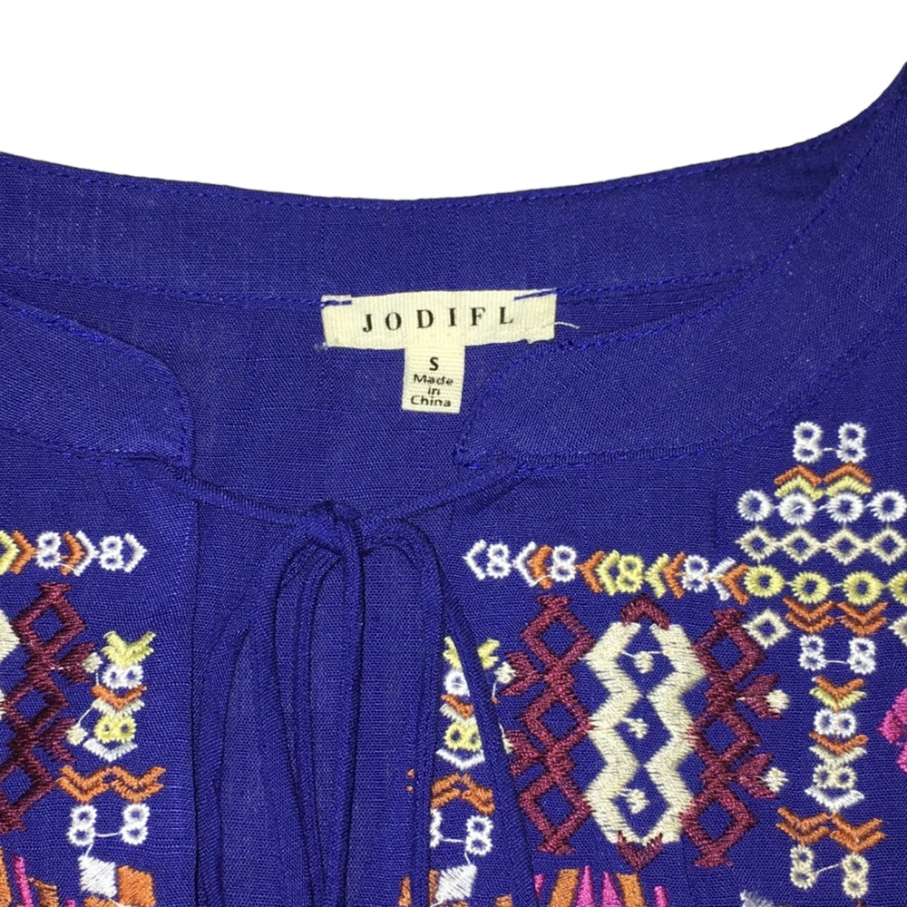 JODIFL Blue Embroidered Multicolor Lightweight Rayon Oversize Top Women’s Small - Picture 8 of 11